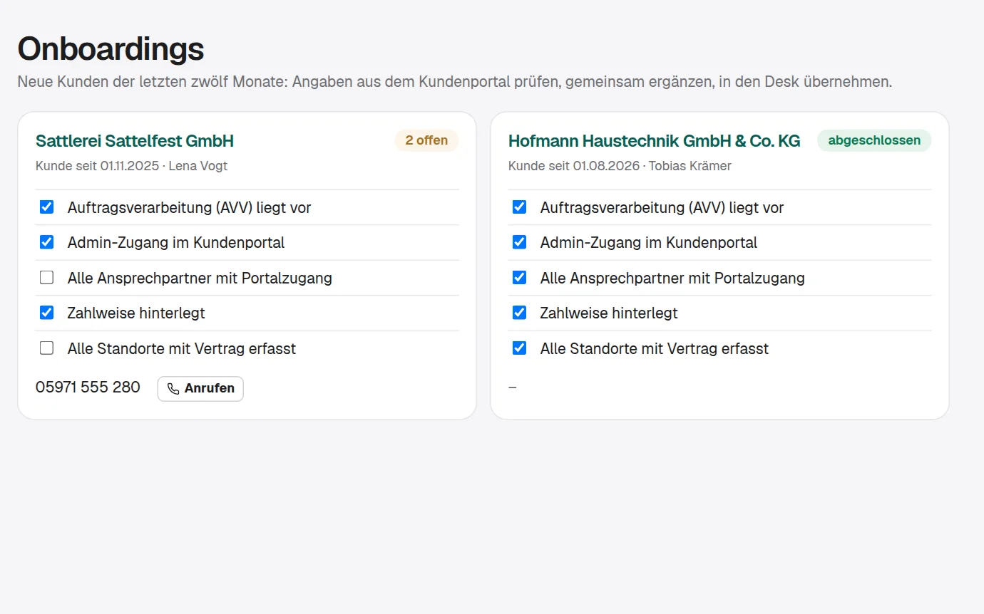 Desk, Onboarding mit Unterschriften